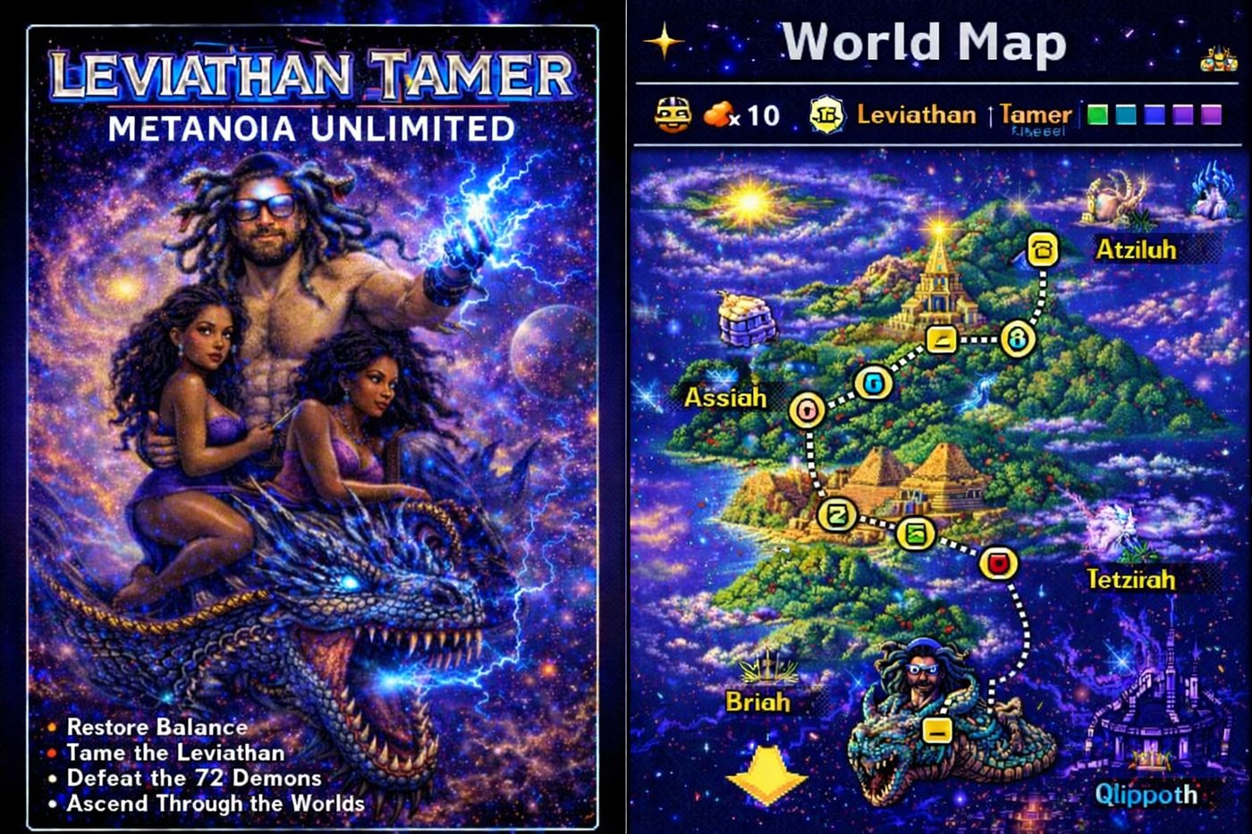 Leviathan Tamer — characters riding the Leviathan through the four worlds